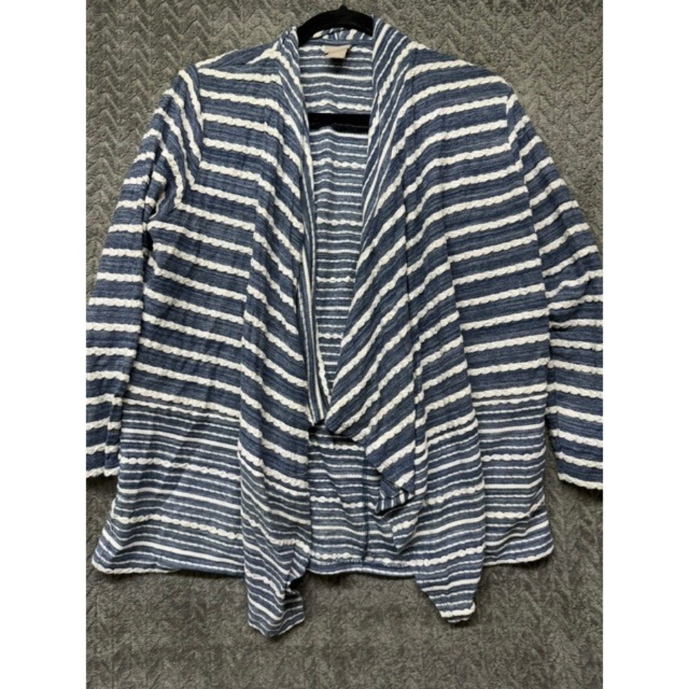 Chicos Blue White Striped Draped Waterfall Cardigan Sweater Size XL 0689